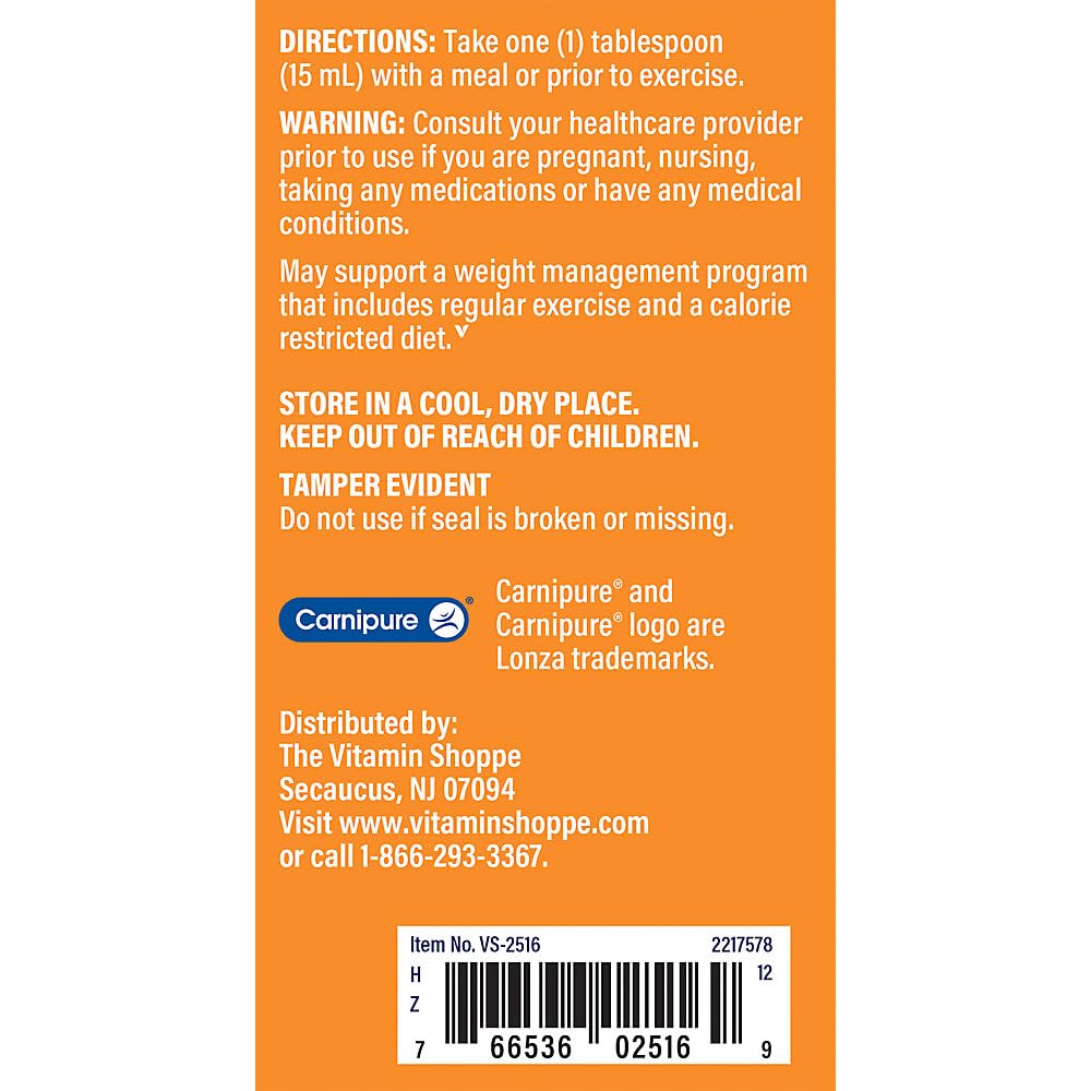 Amazon.com: The Vitamin Shoppe L-Carnitine Liquid 3000mg - Fat Metabolism &  Energy Boost | Amino Acid Supplement | 16 oz Raspberry | Sugar-Free :  Health & Household