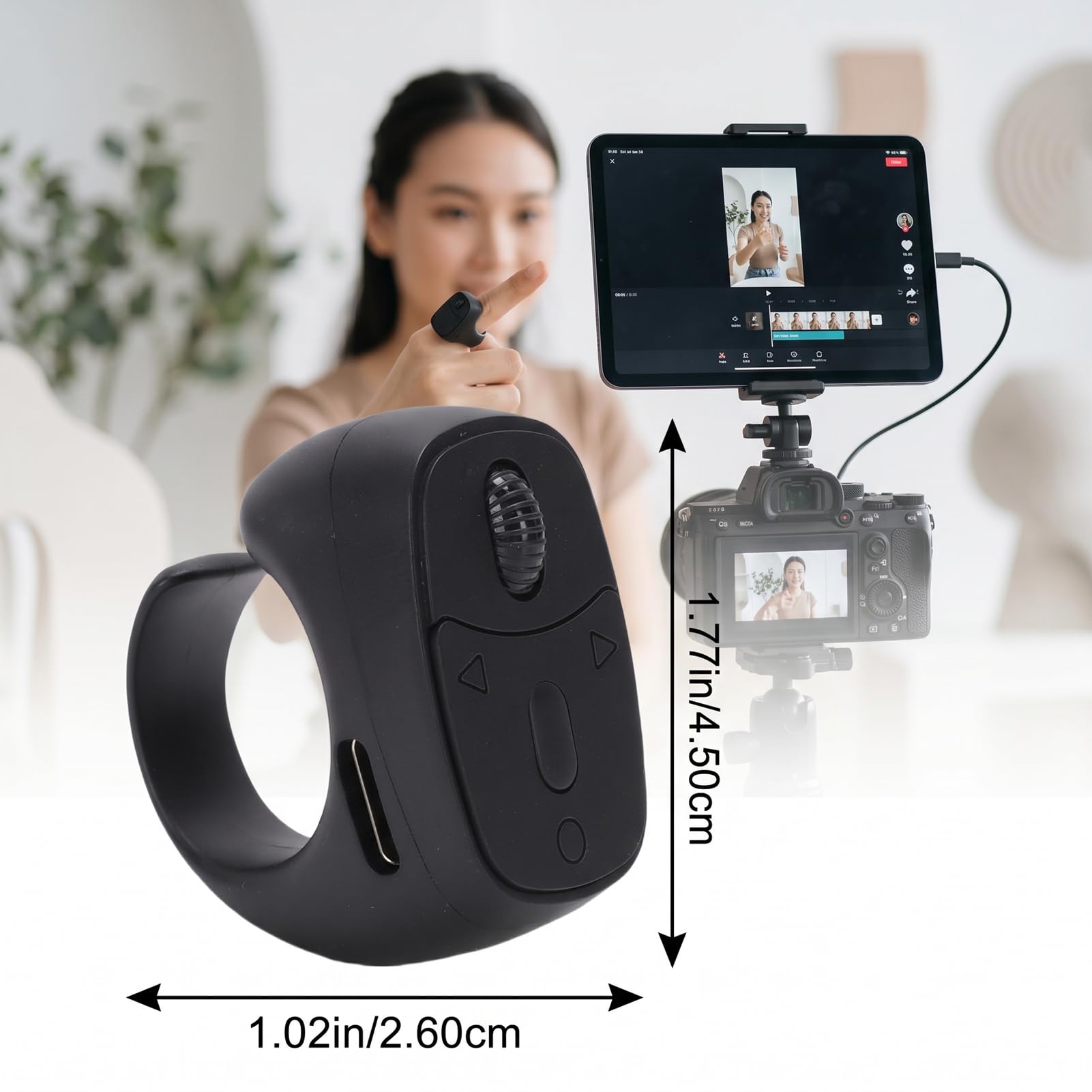 Annadue Anneau de Défilement à Distance pour TikTok, Enregistrement Vidéo Multifonctionnel avec Caméra, Tourne-Page Bluetooth, Anneau de Défilement Bluetooth Télécommande pour Téléphone (Black)