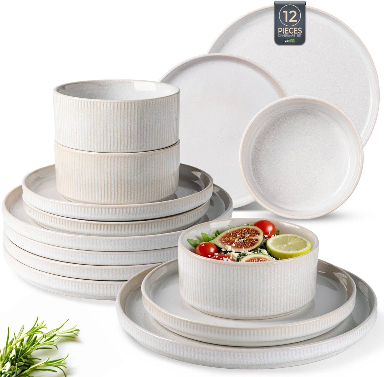 GBHOME Stoneware Dinnerware Sets for 4, Round Reactive Glaze Ceramic Plates and Bowls Set, Highly Scratch Resistant | Dishwasher & Microwave Safe ,Service for 4(12Pcs)