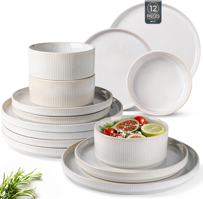 GBHOME Stoneware Dinnerware Sets for 4,Round Reactive Glaze Ceramic Plates and Bowls Set,Highly Scratch Resistant | Dishwasher & Microwave Safe Dishes Set,Service for 4(12Pcs)