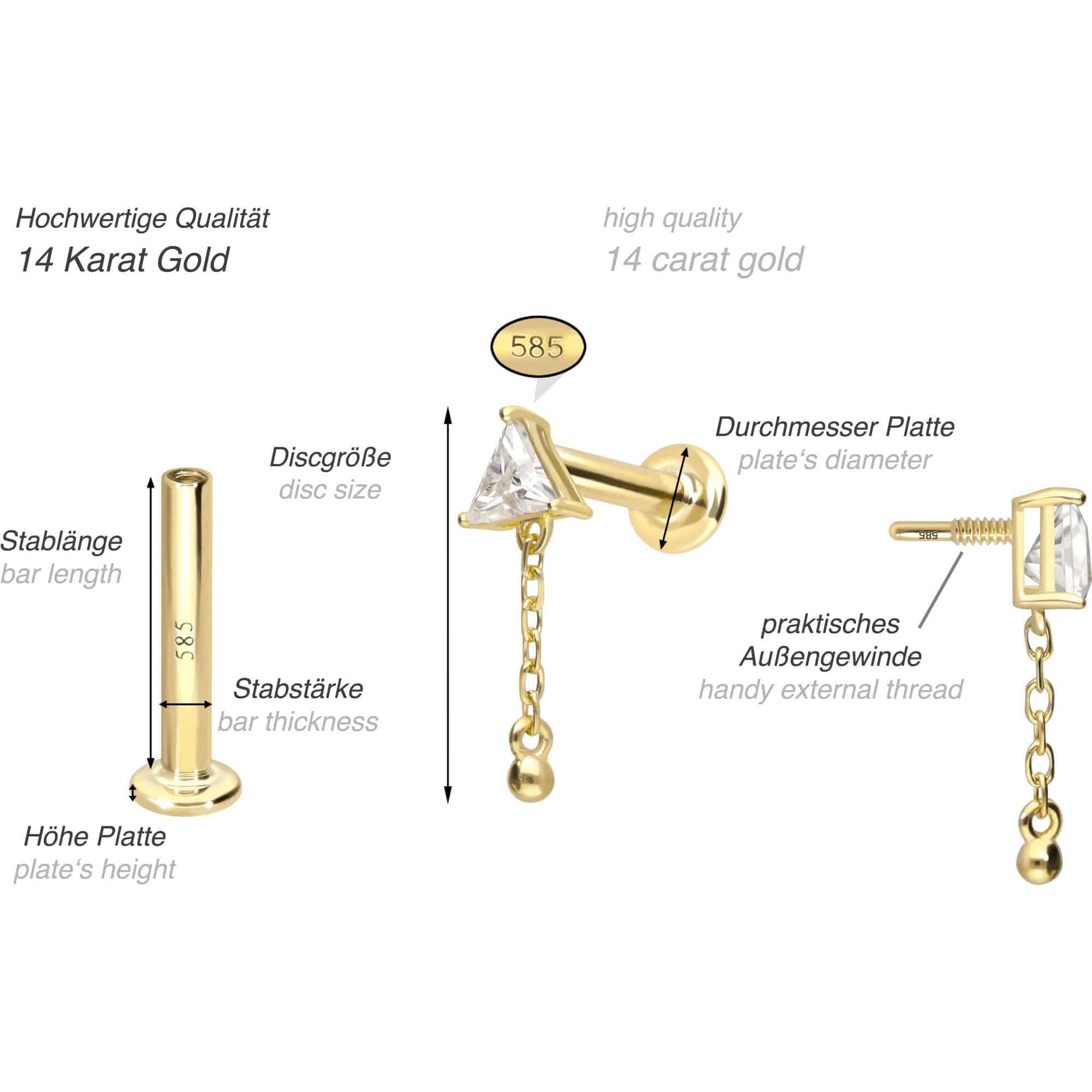 PIERCINGLINE Piercing Stecker 14 Gold Labret mit Innengewinde MOISSANIT-DREIECK + KETTE 585er Gold - Roségoldfarben, Goldfarben, Silberfarben