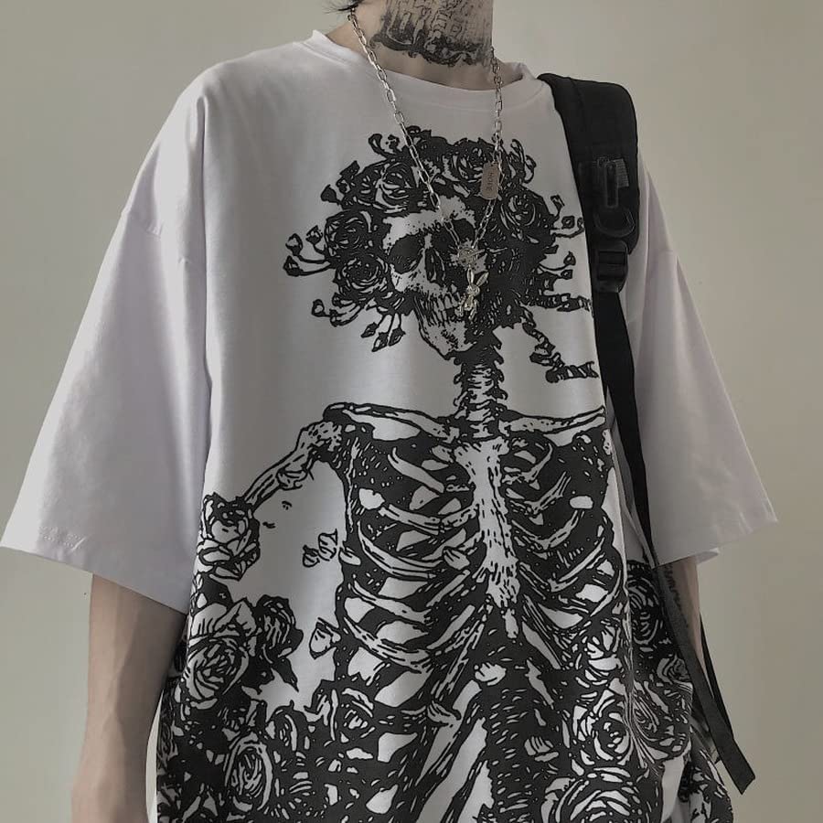 Women Man Y2K Skeleton T-Shirt, Punk Aesthetic Goth Skull Graphic Alternative Grunge Oversized Top Tshirts Streetwear: Small White
