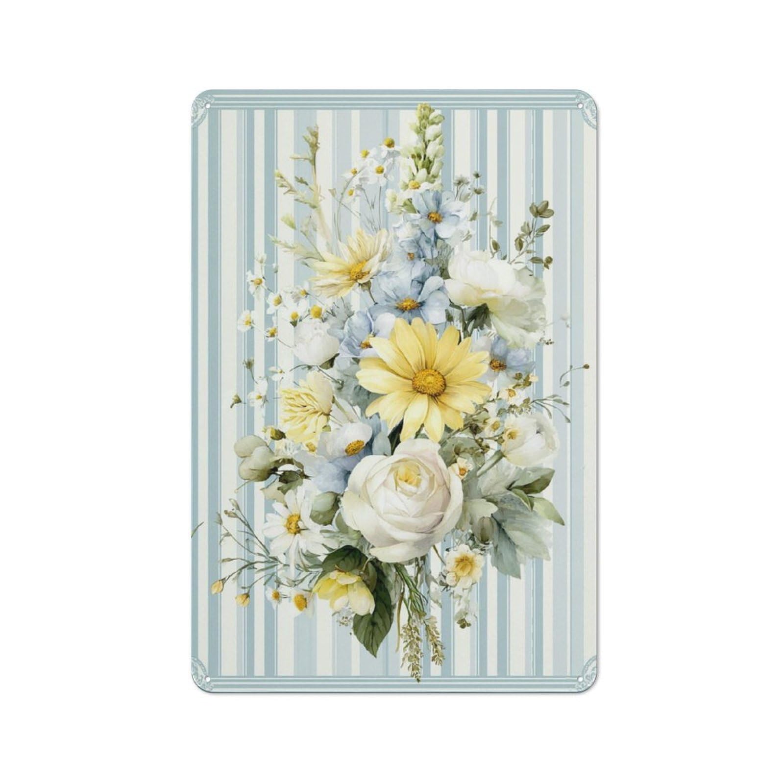 Jubonexis Floral Bouquets with Yellow Daisies White Roses Tin Metal Signs Wall Art Decorations for Bar Pub Club Cafe Room Farmhouse White 30x20cm