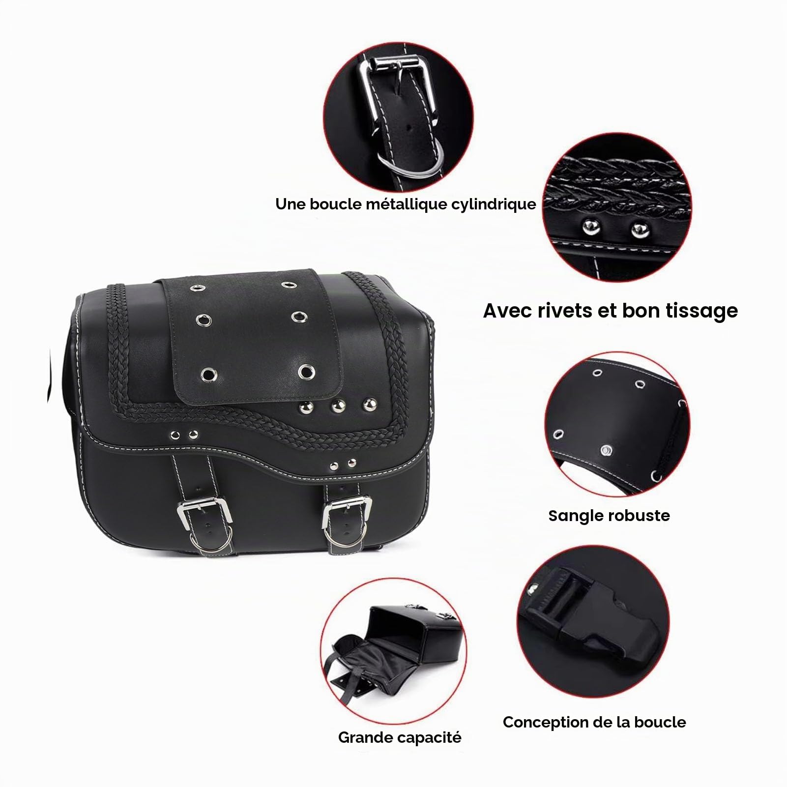 Sacoches de Moto, capacité de 30 L en Cuir PU, Sacs à Bagages Latéraux Imperméables avec Corde Réglable, Ajustement Universel pour Motos