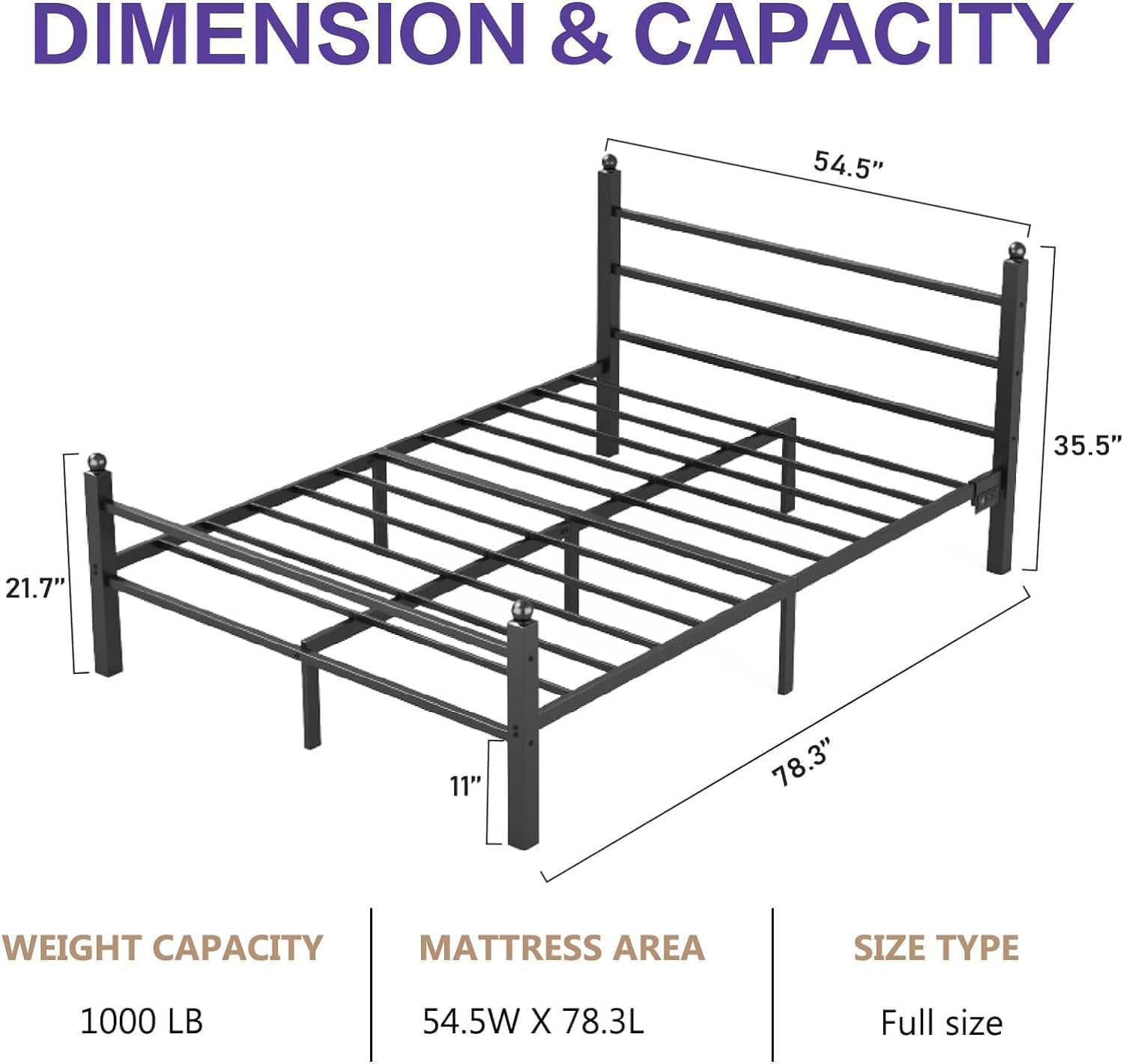 Full Bed Frame with Headboard and Footboard,Heavy Duty Steel Slats Support Metal Bed Frame with Charging Station, Black