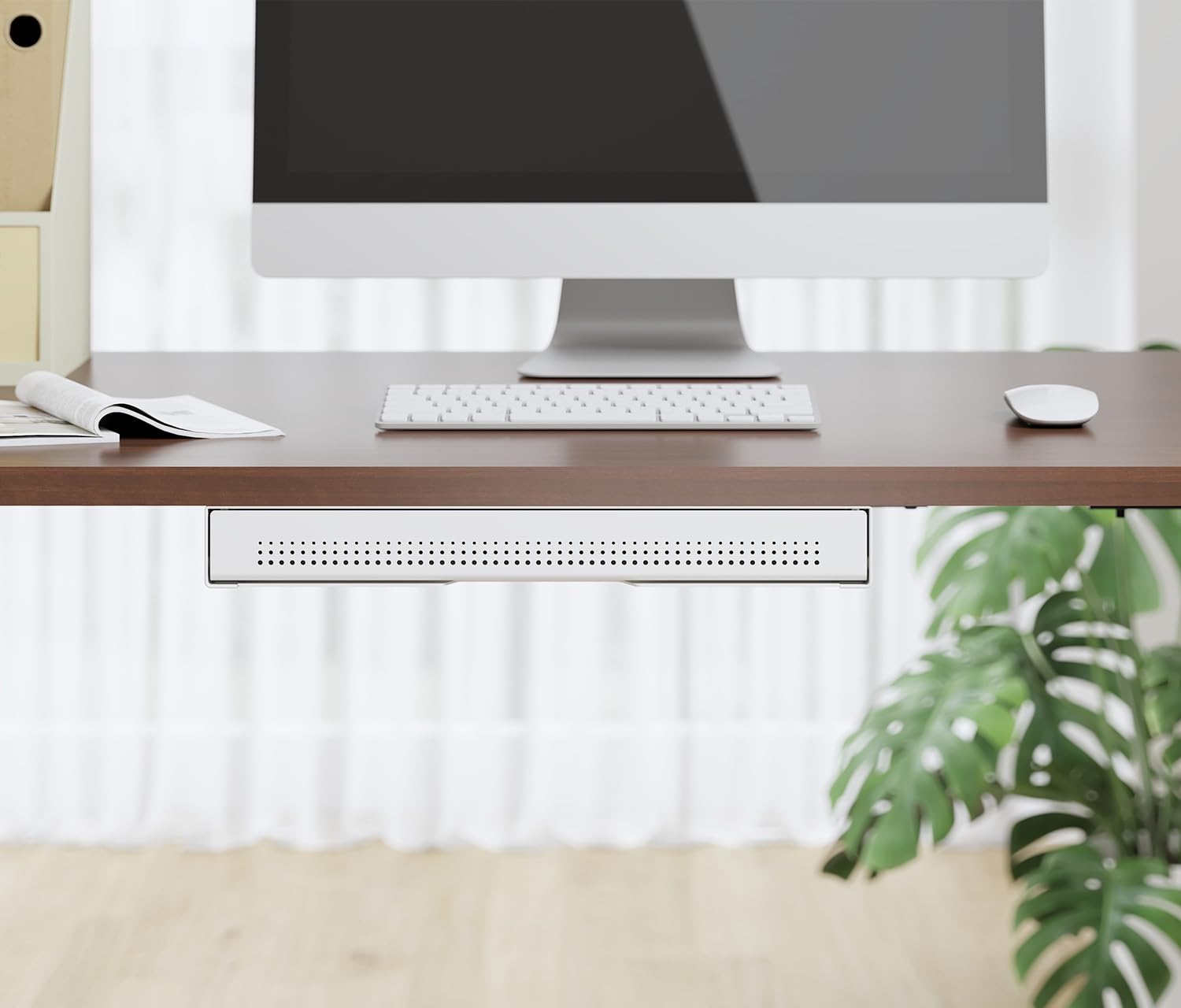 Ergolutions® Unterbau Schublade Slimline Weiß - Flache, Einfache Montage, Vollauszug, Für Büromaterial, Laptop, Tablet, Stahl, Traglast 10kg, Für Steh-/Sitz-Schreibtische
