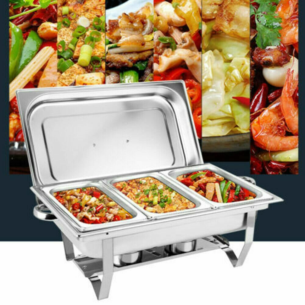 Set di scaldavivande in acciaio inox, 9 l, pieghevole, a 3 scomparti, per buffet, catering, feste, matrimoni, aree colazione