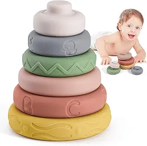 BOBXIN Baby Stacking & Nesting Rings Toy, 6pcs Soft Silicone Circle Building Stacker,Squeeze Play with Letter,Animal and Graphic,Toddler Sensory Learning Montessori Toys for Babies 6 Months+