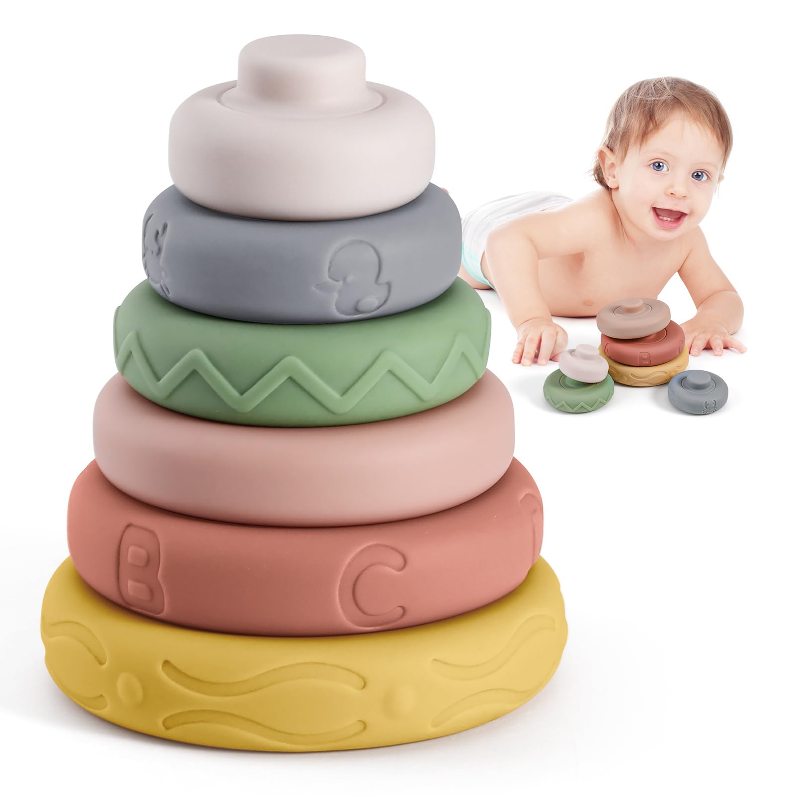 BOBXIN Baby Stacking & Nesting Rings Toy 4.7", 6pcs Soft Silicone Circle Building Stacker,Squeeze Play with Letter,Animal and Graphic,Toddler Sensory