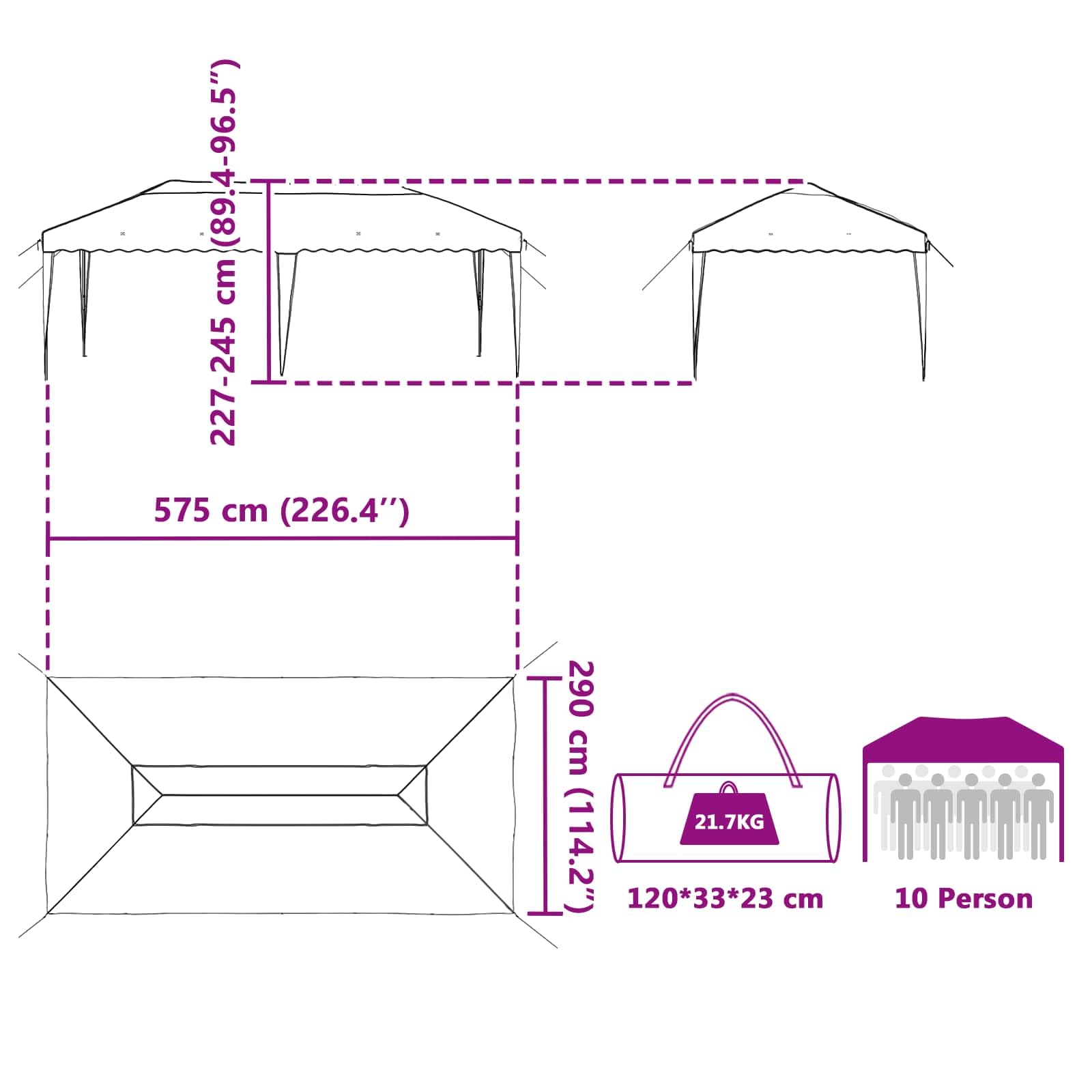 Namiot imprezowy Pop-up 575 x 290 x 245 cm, pomarańczowy, z malowaną proszkowo stalową ramą, odporny na warunki atmosferyczne, odporny na działanie promieni UV, składany i z regulacją