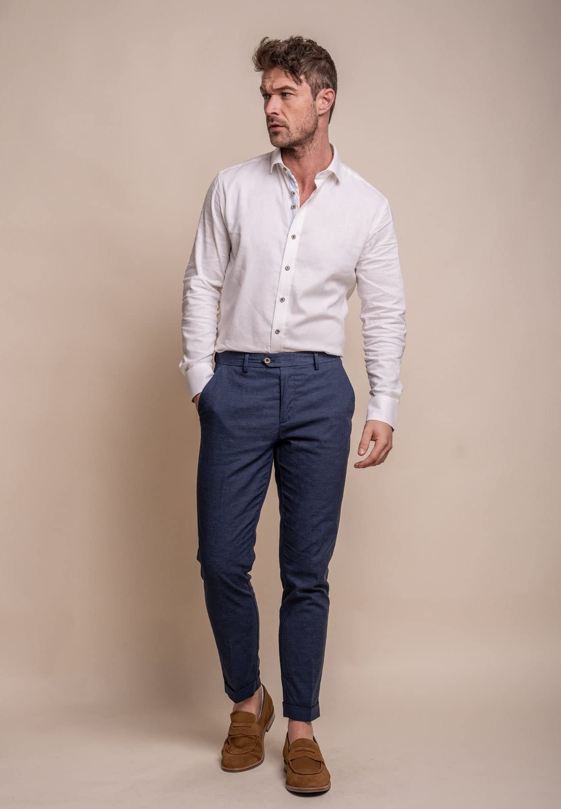 SIRRI Estate Primavera Abito da Uomo in Lino Blu Navy Abito da Sposa Slim Fit 2 Pezzi