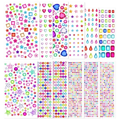 KICNIC 4000 Stück Glitzersteine Selbstklebend, 3D Glitzer Sticker, Bunte Strasssteine Gesicht, Klebesteine zum Basteln Verschiedene Formen für Festival Deko, DIY, Schminke