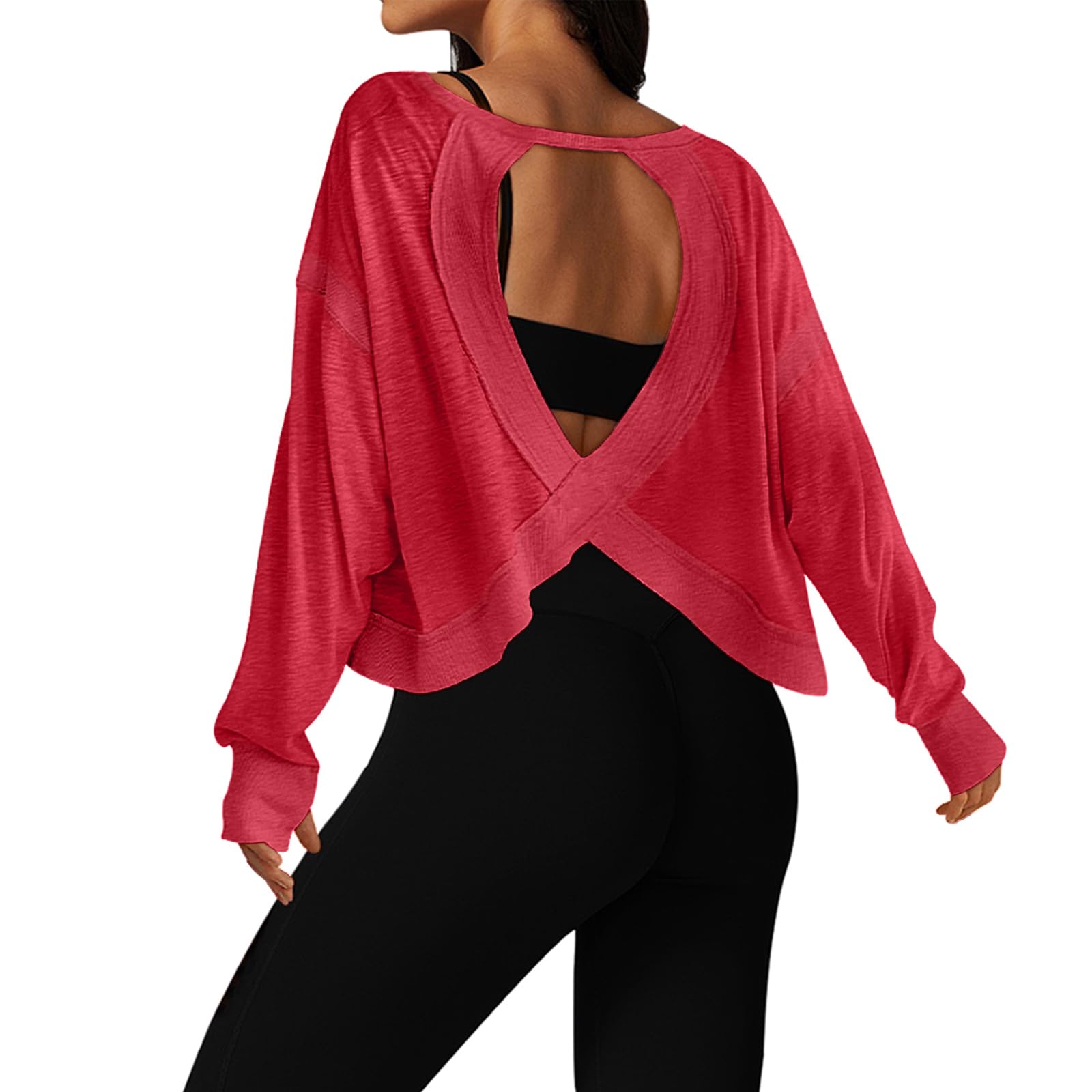 UNIANKIYA Open Back Workout Tops for Women Long Sleeve Cropped Athletic Clothes Gym Running Yoga Low Impact Sports T Shirts