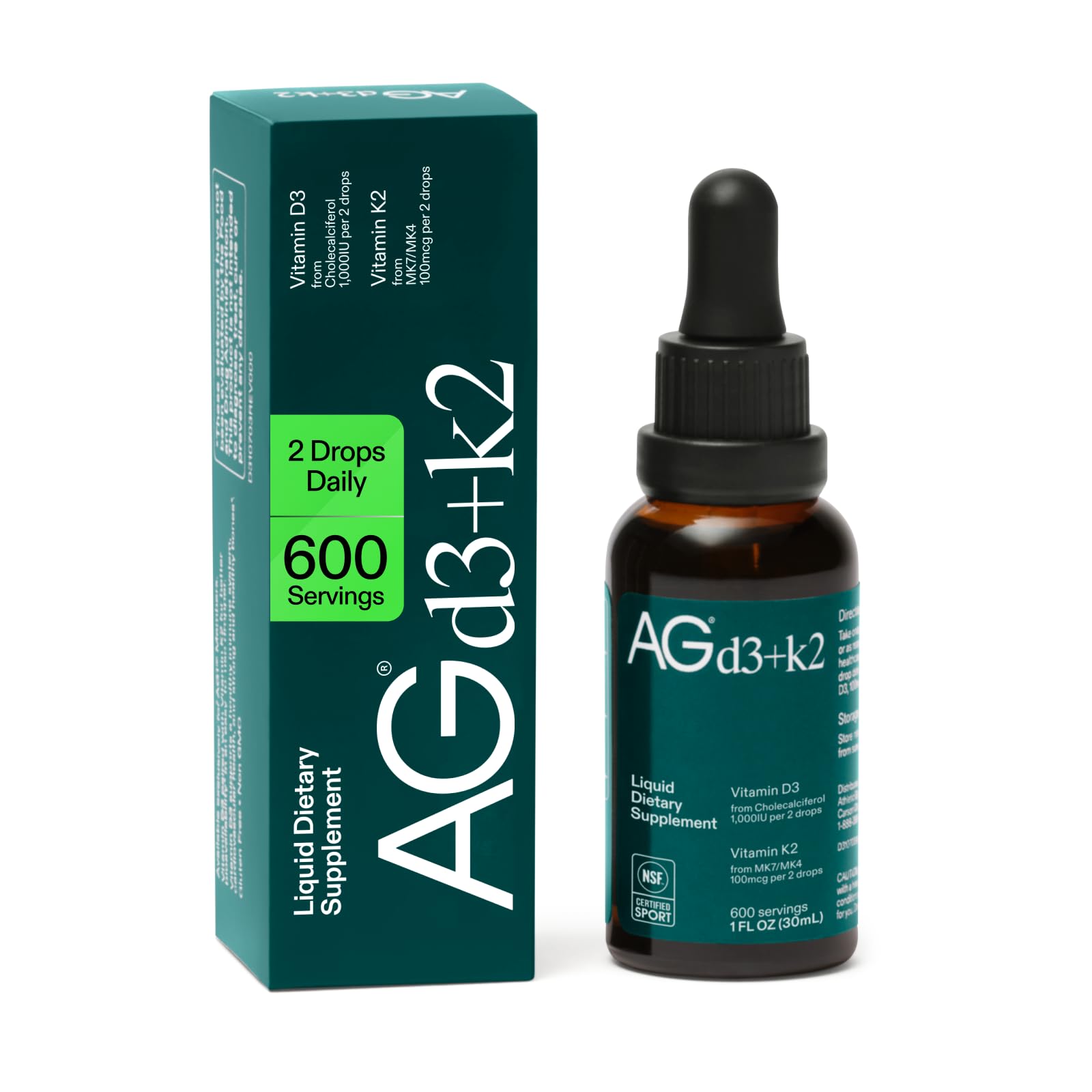 AG1 Vitamin D3 + K2 Liquid Drops | Vitamin D & K Blend | Daily Bone Support 1 Fl Oz (Pack of 1)
