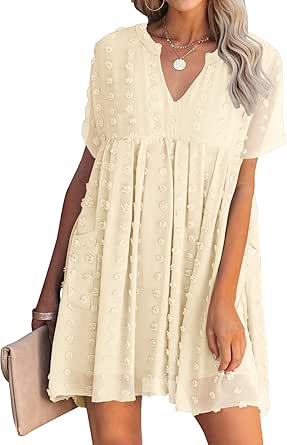MIHOLL Women's V Neck Short Sleeve Ruffle Loose Summer Flowy Mini Dress