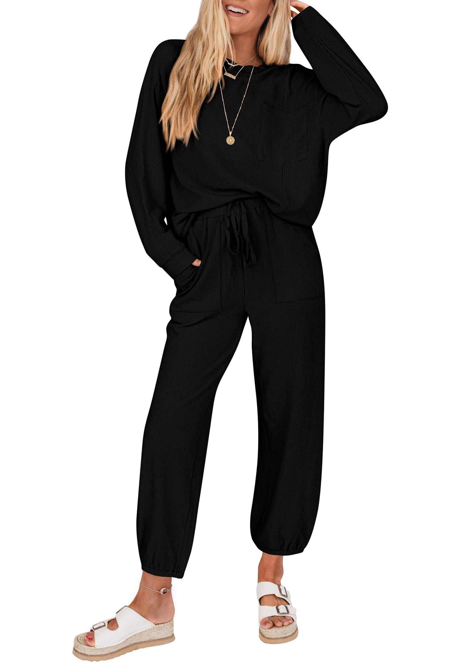 KIRUNDO Lounge Sets for Women 2025 Fall Travel Airport Outfits Ribbed Knit Tops Jogger Pants Tracksuit Postpartum Comfy