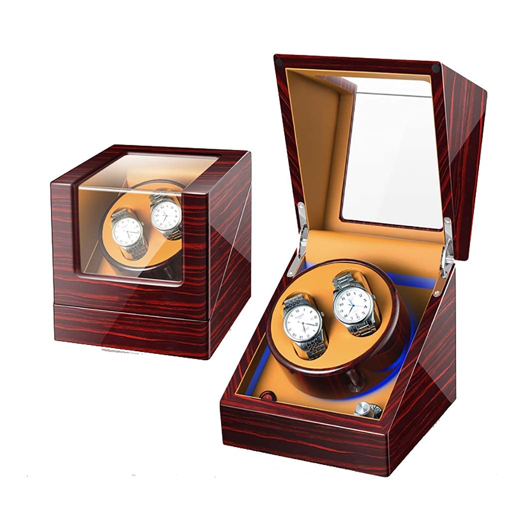 Caja de madera para guardar 2 relojes automáticos y estuche enrollador con luces LED