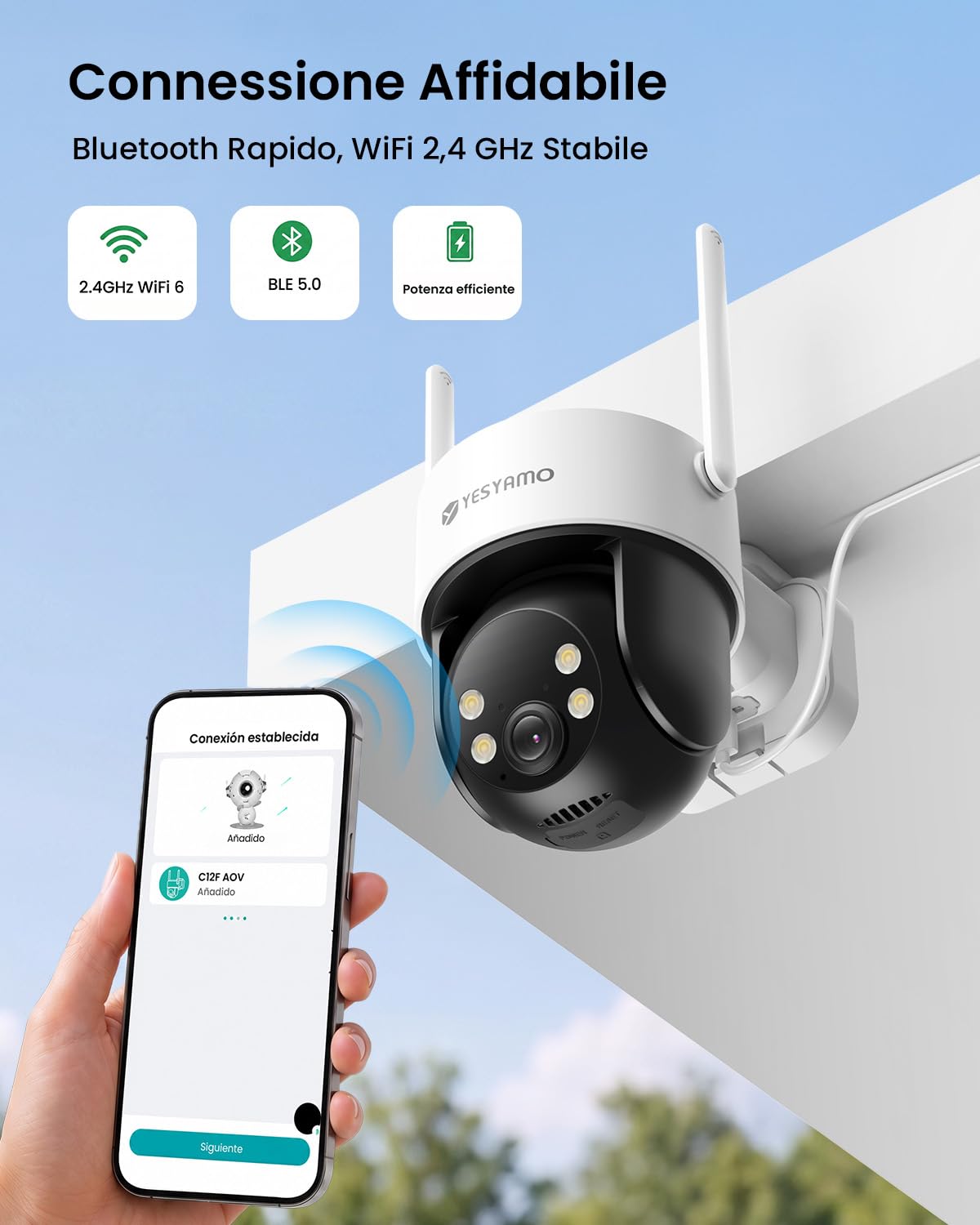 YESYAMO 4MP AOV Telecamera WiFi Esterno con Tracciamento Automatico | Monitoraggio Continuo 24/7 Telecamera Solare 360° PTZ con Rilevamento AI 30m, Batteria 9000mAh, Allarme Sono/Lumière, 2,4GHz
