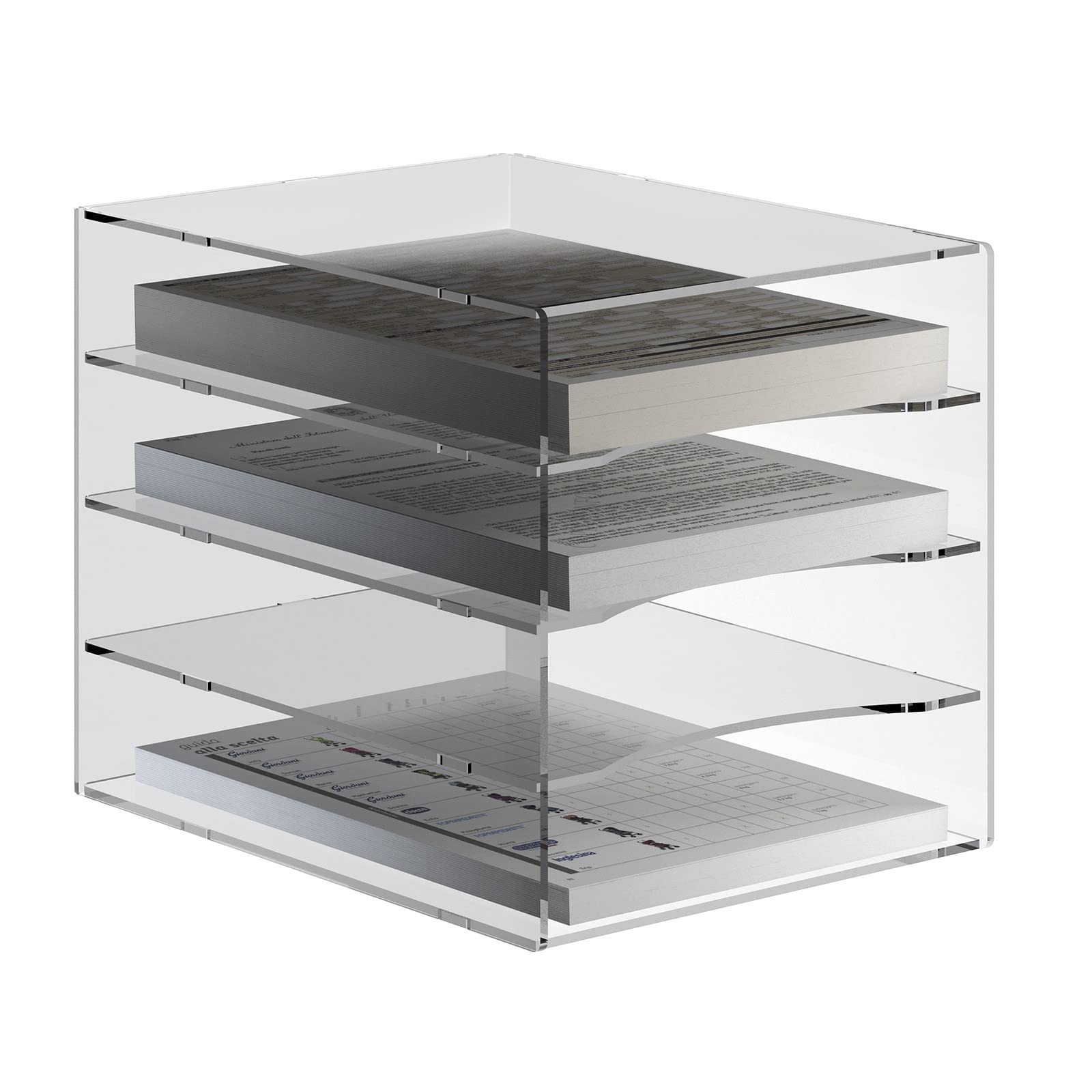 Vaschetta portadocumenti in plexiglass trasparente a 4 ripiani per documenti A4 - Misure totali: L 32.5 x P 25 x H 26 cm