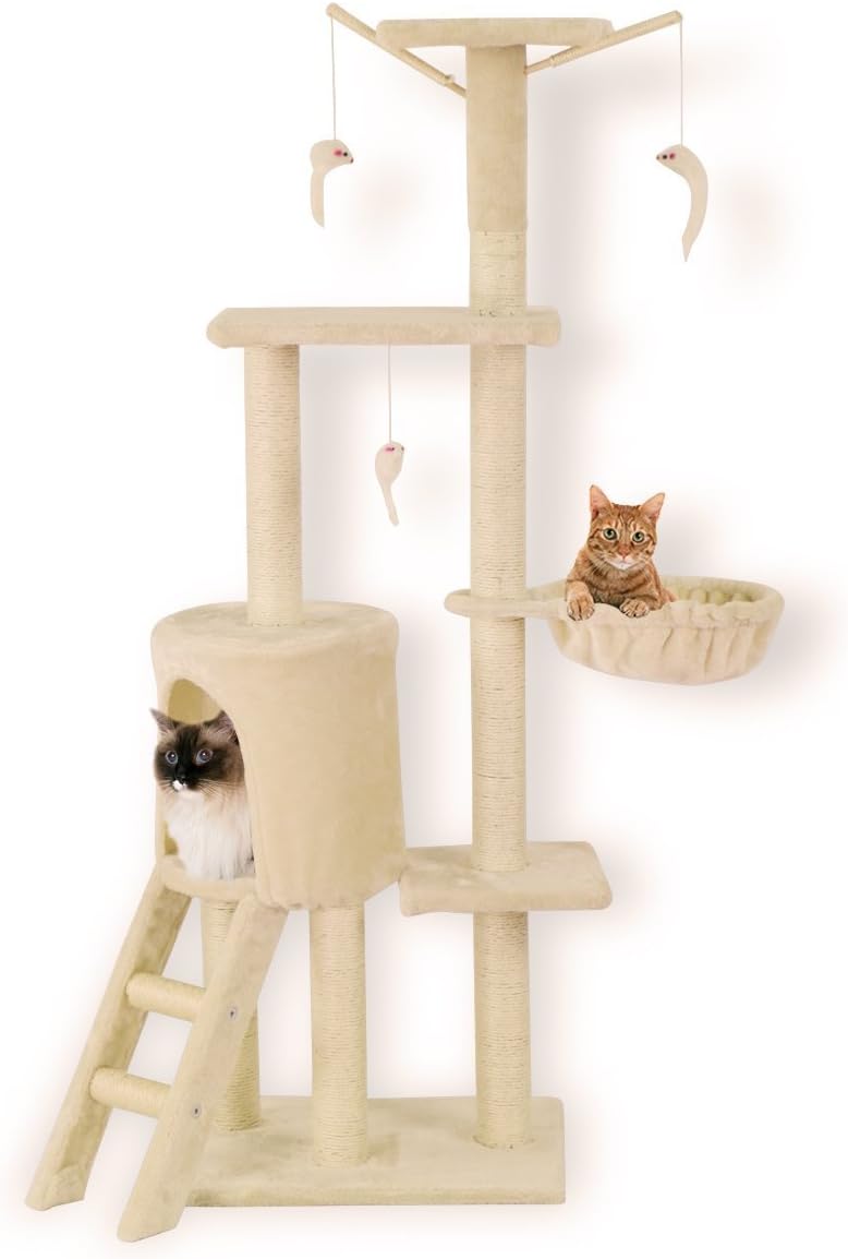 Cat Tree Condo Tower Kitty Furniture Kitten Play House with Scratching Post, Hammock, Perch, Hanging Toy, PCT015, Beige
