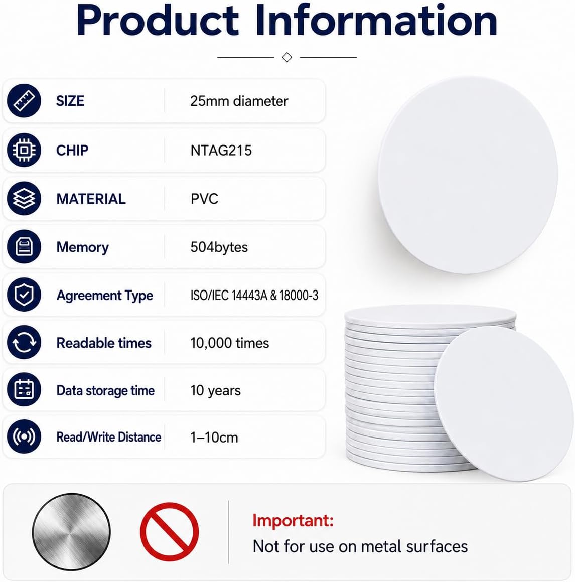 50PCS Coin Cards NFC Tags, Blank NTAG215 NFC Cards Rewitable NFC Chip 25mm/1inch Round 215 Cards Compatible with TagMo and Amiibo and NFC Enabled Mobile Phones and Devices