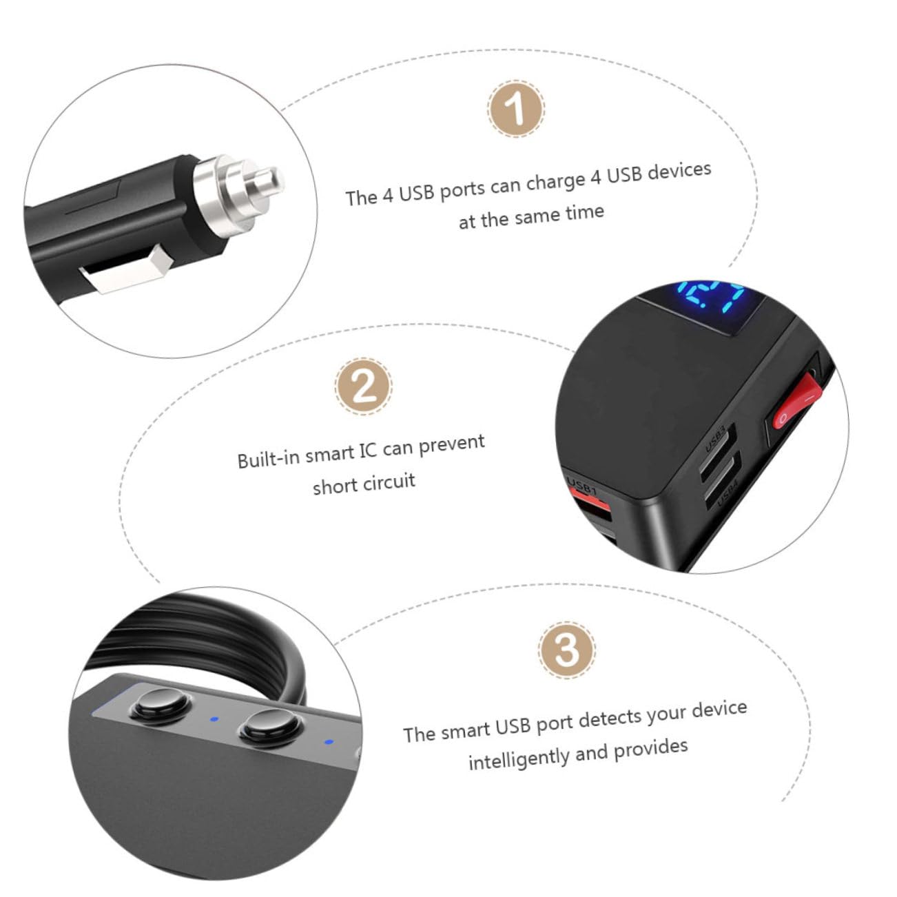 Uonlytech Caricabatterie Auto 3 Prese 4 Porte Usb, 180w Max, Rilevamento Intelligente e Protezione da Sovracorrente per Telefoni Cellulari