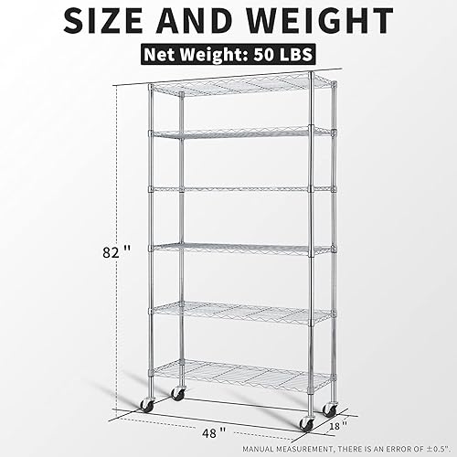 Miniatura 6 de MGHH Estante de almacenamiento de 6 niveles, estantería de alambre con ruedas, estante de metal resistente ajustable en altura NSF con ruedas para