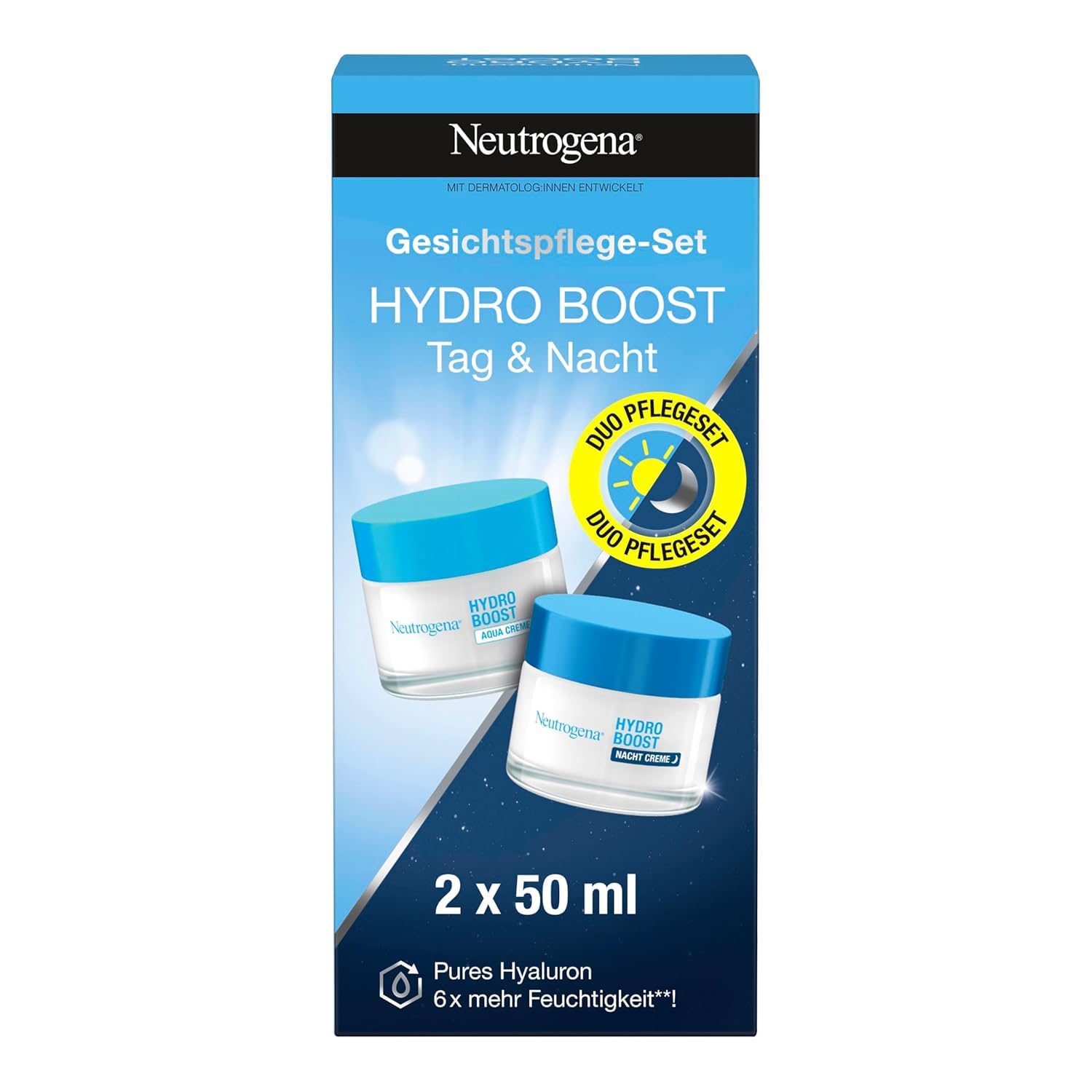 Neutrogena Hydro Boost Skincare Set: Hydro Boost Aqua Creme + Nachtcreme, parfümfreie Gesichtspflege mit purer Hyaluronsäure und Aminosäuren,pflegende/intensive Gesichtscreme für trockene Haut je 50ml