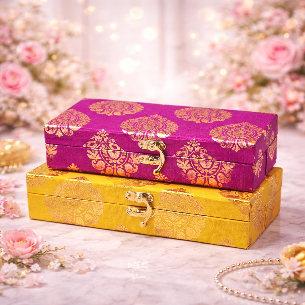 Velvet Brocade Shagun Cash Box Set of 2 with Golden Lock – Wedding Money Gift Box, Jewelry Storage Box, Shagun Envelope Box for Wedding, Festive Gift Packing-image-11