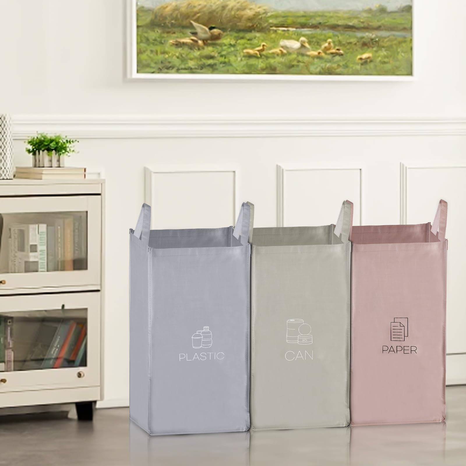 Set 3 Contenitori Per Raccolta Differenziata 35L - Carta, Vetro, Plastica - In Carta Kraft Lavabile Con Bastoni In Bambù - 4