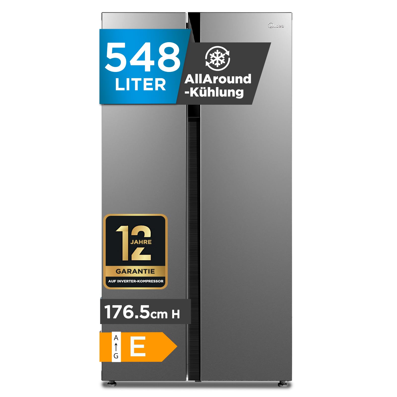 Midea Side-by-Side Kühl-Gefrierkombination 548 L | No Frost, Inverter Kompressor, leise 35 dB | Multi-Air-Flow, Twin Control & SuperCool | 176,5 cm hoch | Inox, MERS530FGE02