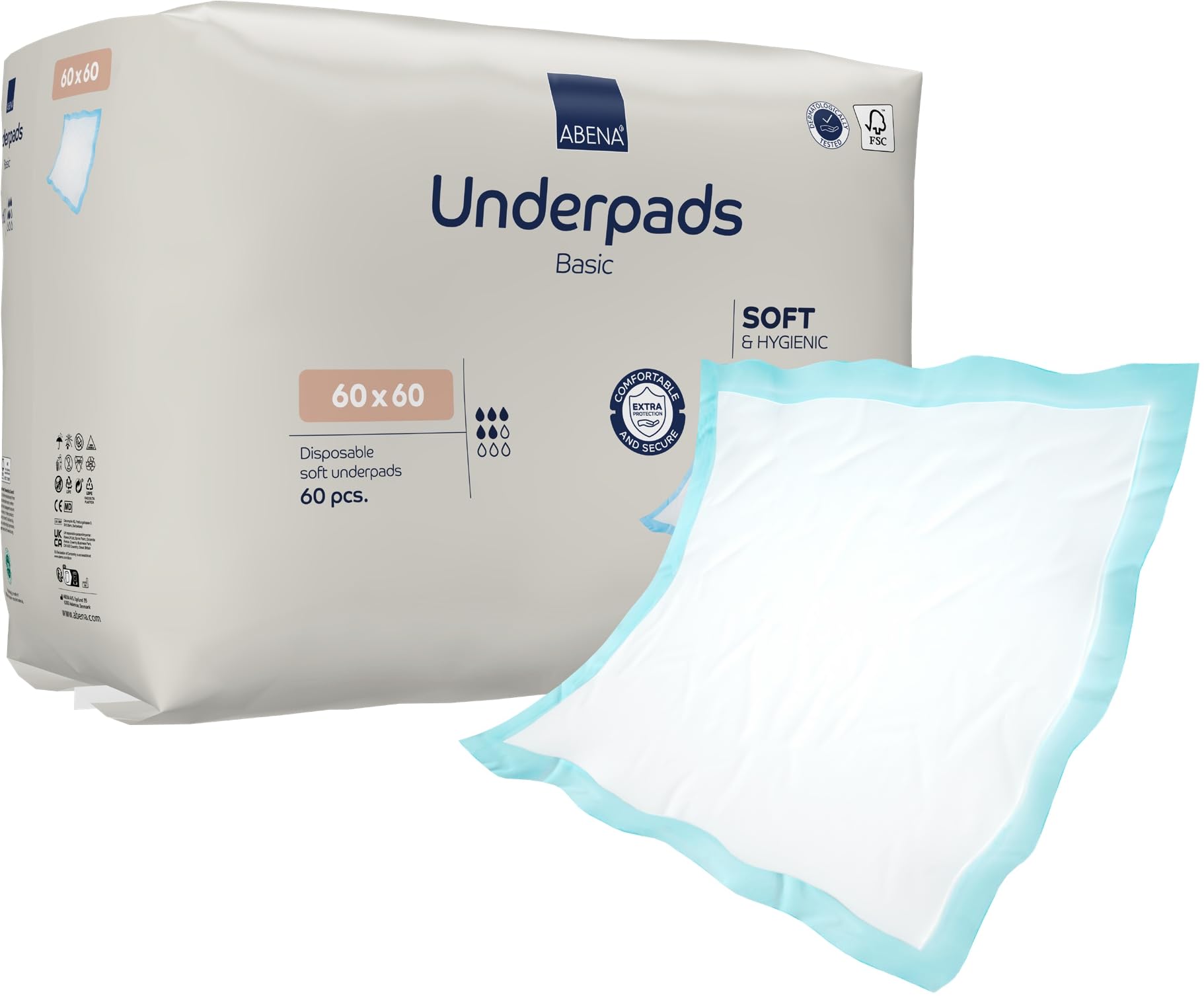 Abena Underpad Basic Disposable Incontinence Pads, Eco-Labelled Underpads, Leak Protection, Soft and Secure Protectors - 60x60cm, 60 Count (Pack of 1)