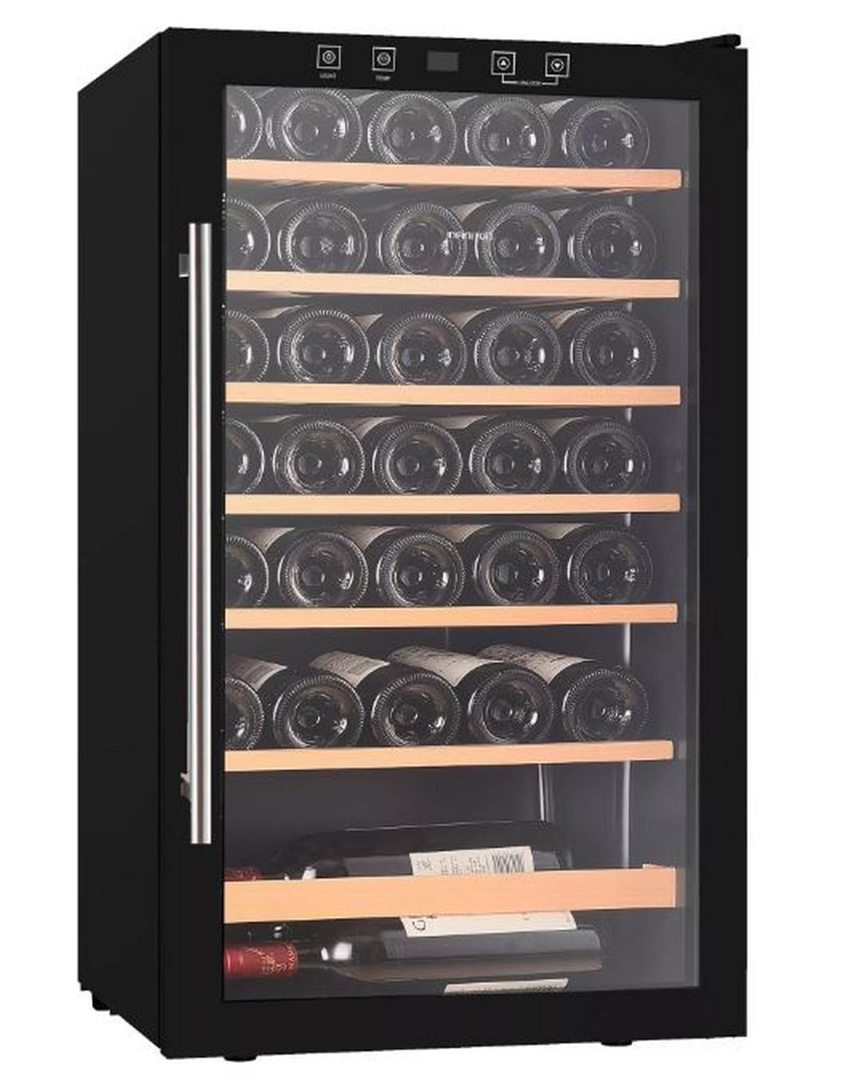 INFINITON Vinoteca WFL-34C, 34 Botellas, Luz LED en el interior, Sistema de enfriamiento No frost, Acabado exterior Crystal BLACK, Tirador exterior de acero inoxidable, G