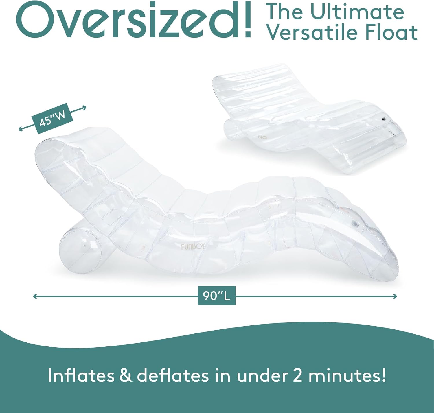 FUNBOY Giant Super Clear Chaise Lounger Pool Float, 1-2 Person Size