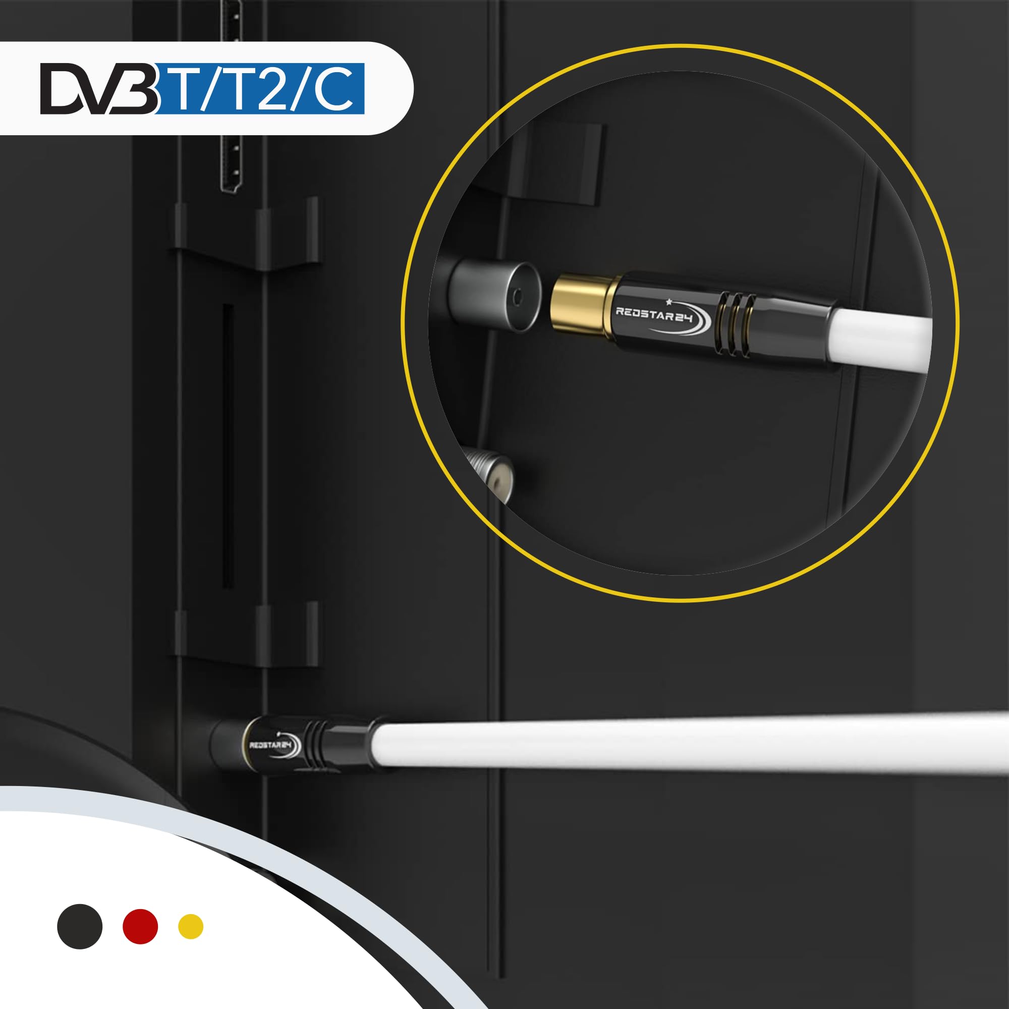 RedStar24 Câble d'Antenne 1,5m Noir - Mâle à Femelle 90° Coudé Coaxial - HDTV Premium pour Télévision par Câble | Compatible avec TV, Radio, DVB-T/T2, DVB-C, DAB