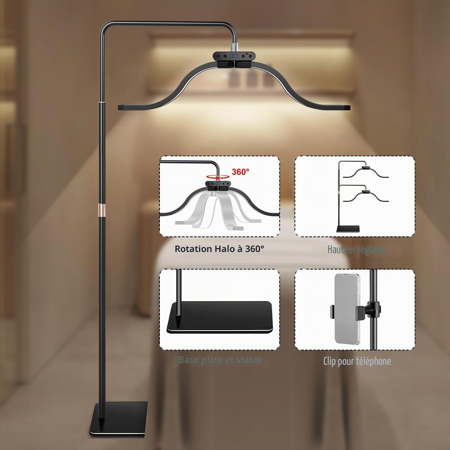 Lampe Lune Extensions de Cils LED avec Support pour Téléphone, Luminosité et Hauteur Réglables