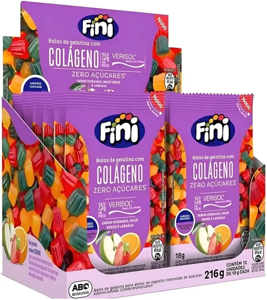 Balas de Gelatina com Colágeno Verisol, Zero Açúcares, Sabores Morango, Maçã Verde e Laranja, Sem Glúten, 216g com 12 Unidades de 18g