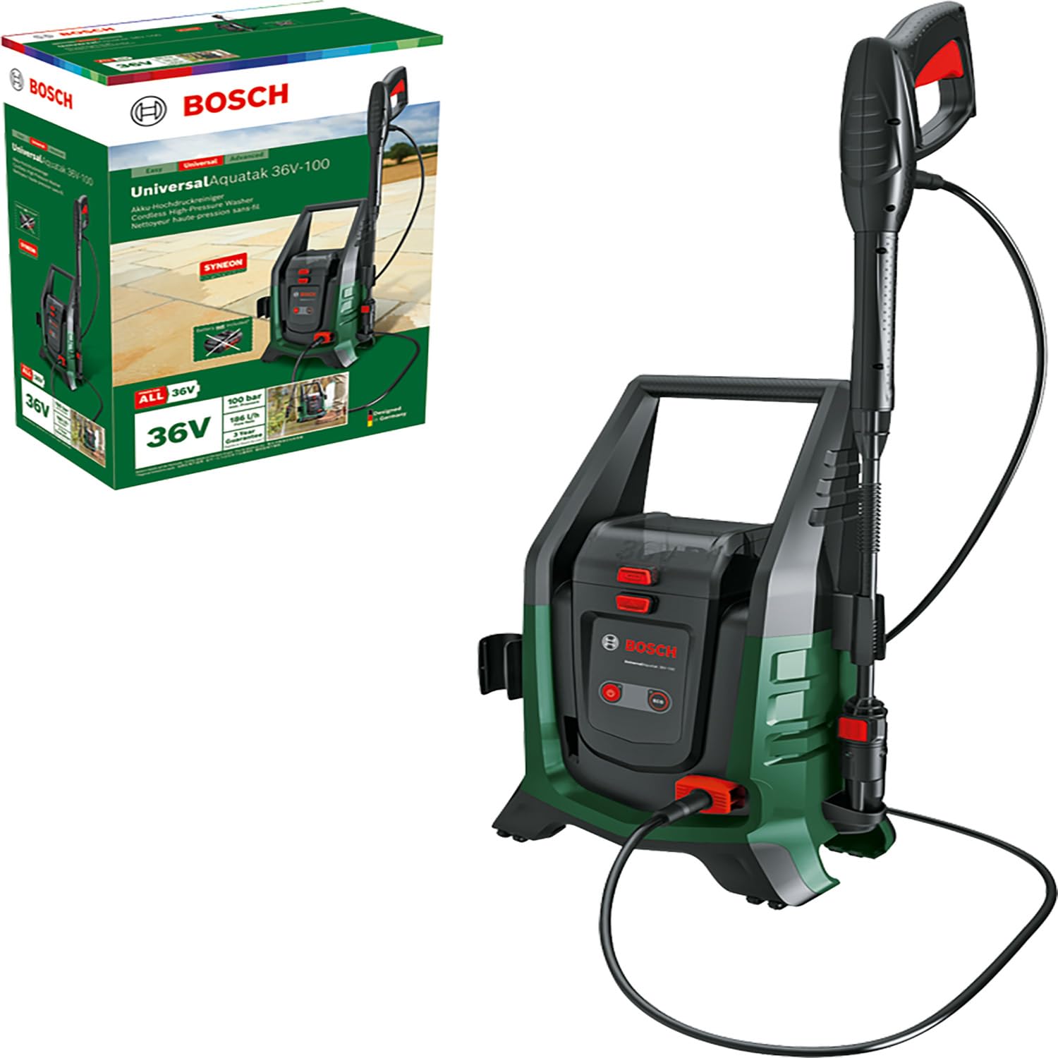 Bosch Limpiadora de alta presión móvil y a batería UniversalAquatak 36V-100 (para limpiar en casa o en exteriores; sistema de 36 V; hasta 45 minutos de funcionamiento; sin batería)