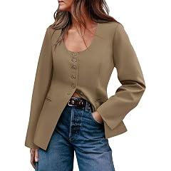Casual Blazers for Women Slim Fit Belted Blazer Jackets Button Down Scoop Neck Split Hem Fitted Suit Jackets