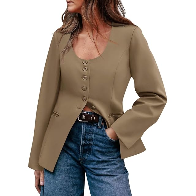 Casual Blazers for Women Slim Fit Belted Blazer Jackets Button Down Scoop Neck Split Hem Fitted Suit Jackets