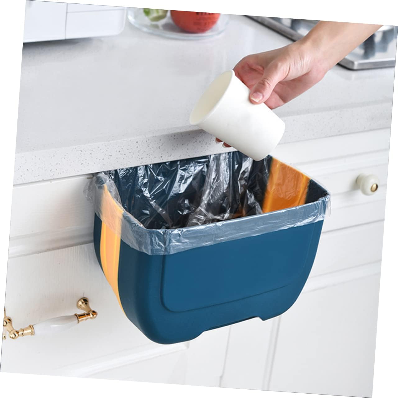BLURISM 3L Foldable Hanging Trash Can for Cabinet Door,Kitchen Compost Bin, Wall-Mounted Plastic Garbage Can for Countertop or Under Sink, Bathroom and RV, Kitchen Bin (BLUE-YELLOW) 3