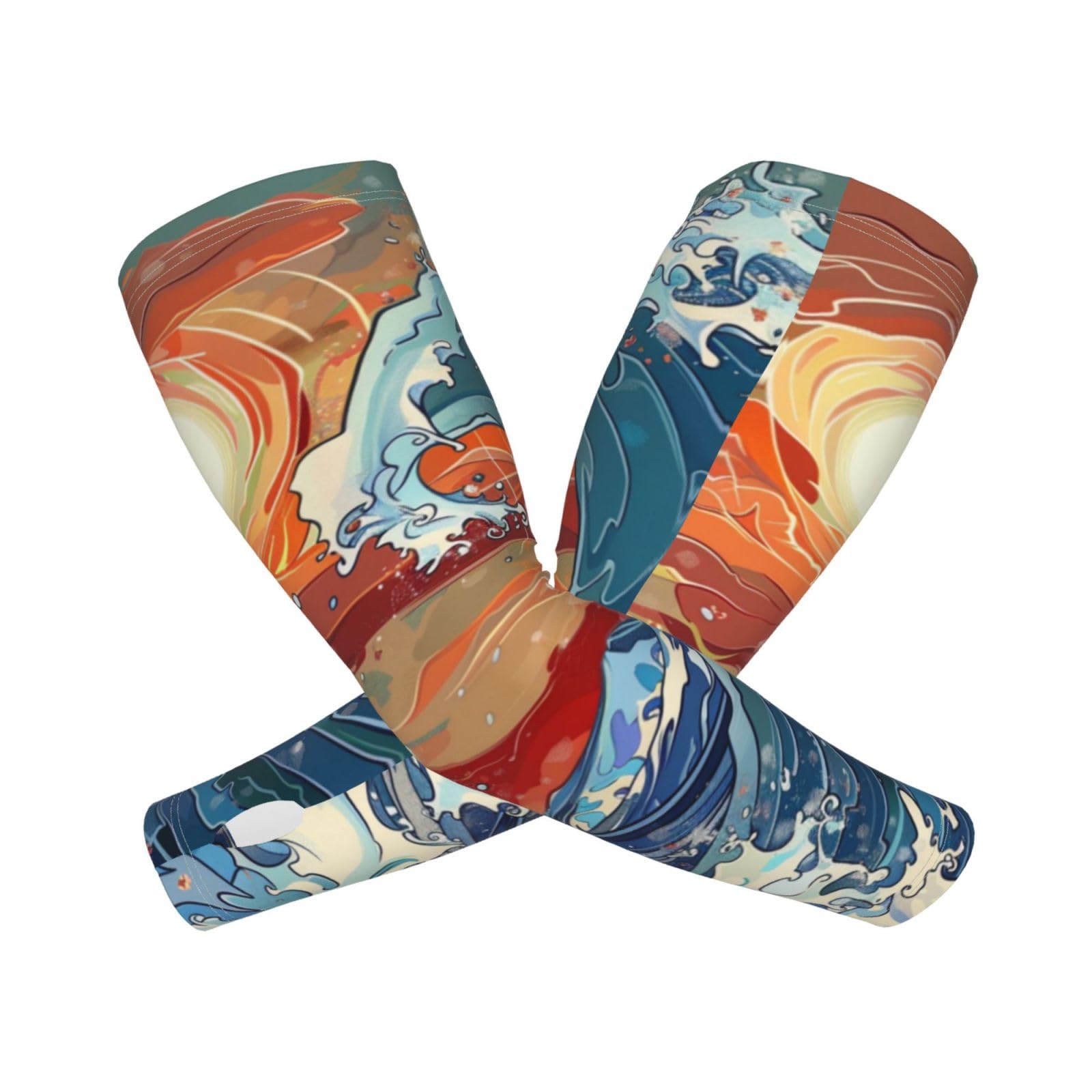 ANSGSD Japanese Waves Blue Red Gardening Sleeves With Thumb Hole For Women Men, Farm Sun Protection Thorn Proof Cooling Arm Sleeves To Cover Arms For Garden Sports