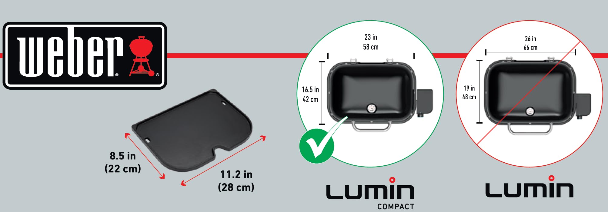 Weber Piastra per Lumin Compact | piastra in ghisa smaltata, superficie antiaderente, bordi rialzati, accessorio resistente per BBQ, 1,3x28,5x21,5 cm