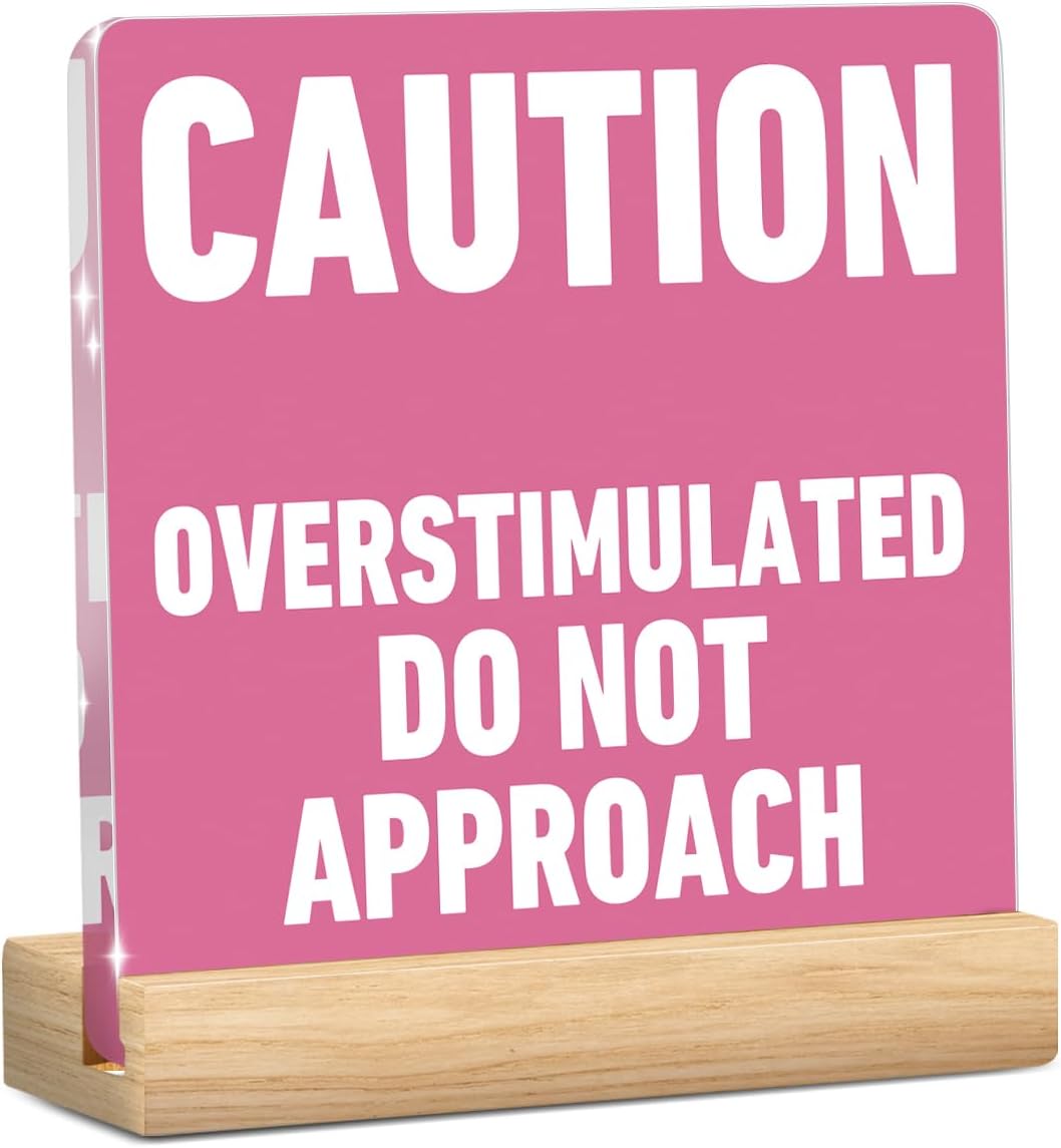 Funny Team Office Gifts Caution Overstimulated Desk Sign Cubicle Decor for Coworker Teammate Employee Boss Birthday Christmas White Elephant Gift Pink