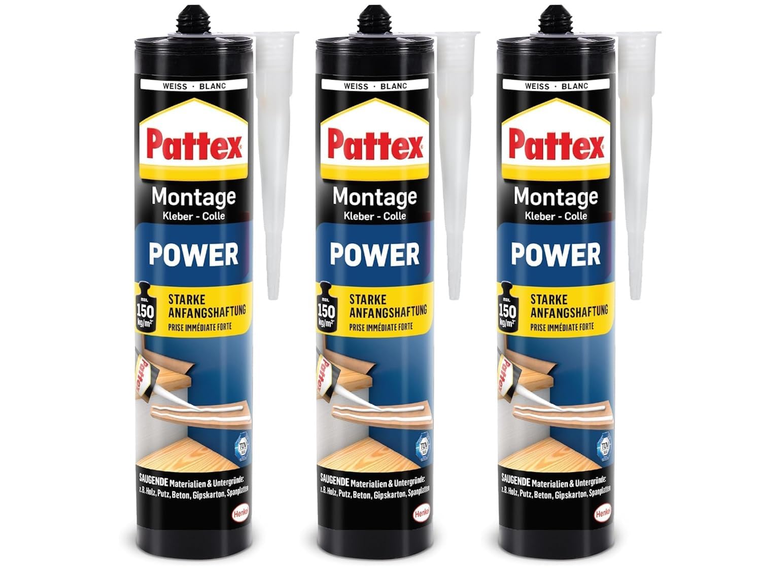 Pattex Montagekleber Power, Baukleber mit starker Anfangshaftung, Kraftkleber für saugende Materialien, Kleber für innen & außen (3er Pack)