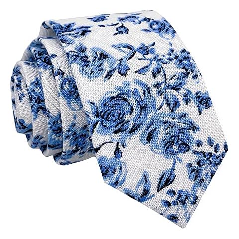 Kebocis Mens Blue Floral Necktie Skinny Tie White Cover