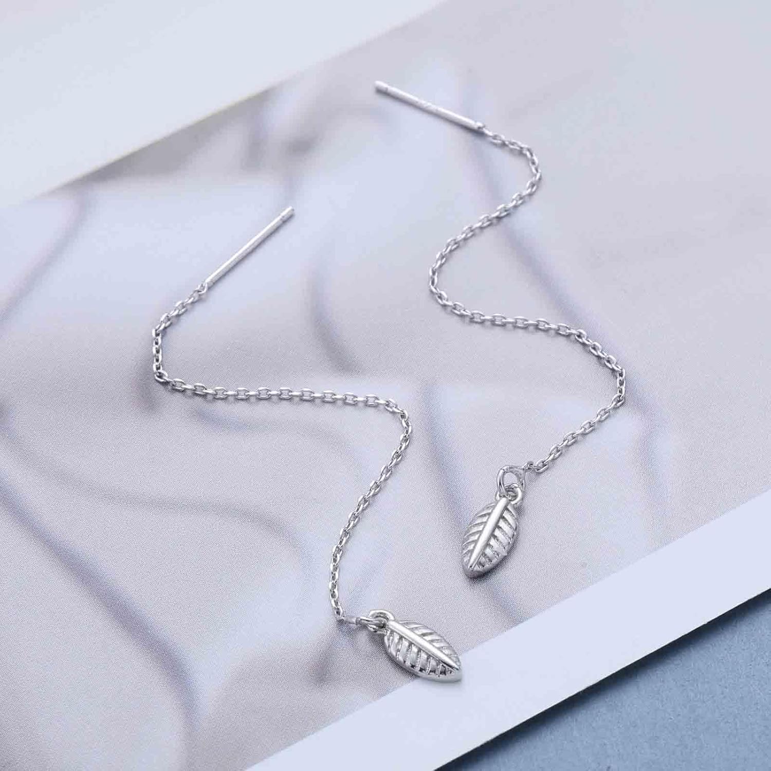 Vintage Tiny Leaf Chain Dangle Threader Earrings Silver Leaf Long Pull Through Earring Thin String Threader Chain Earring Metal Tassel Drop Earrings Jewelry for Women - Image 6