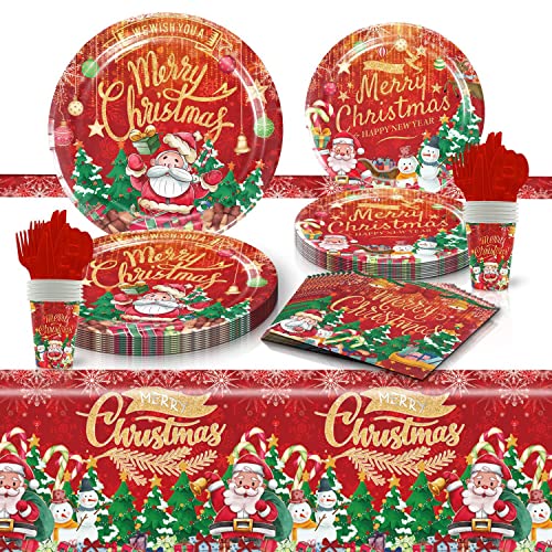 FAIHTS Ensemble de vaisselle de fête de Noël - 10 invités de Noël - Avec assiettes en carton, gobelets en carton, serviettes en papier, couverts, nappe pour fournitures de fête de Noël Cover
