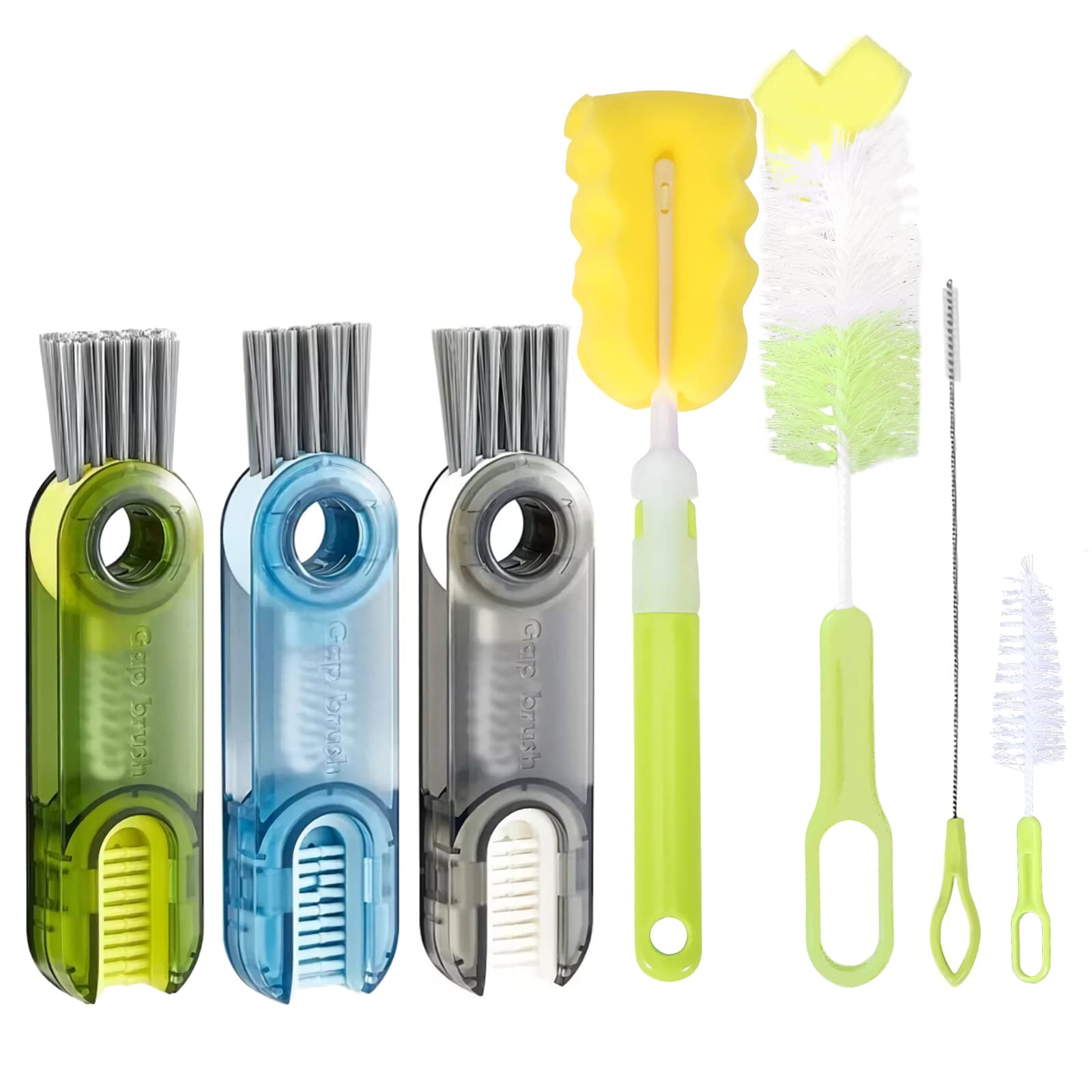 Bottle Cleaner Brush Set, 3PCS 3-in-1 Multifunctional Bottle Cup Lid Crevice Cleaning Brush + Sponge Brush + Long & Short Nylon Brush + Straw Cleaner for cleaning Baby Bottle Sports Water Bottles(7PCS)