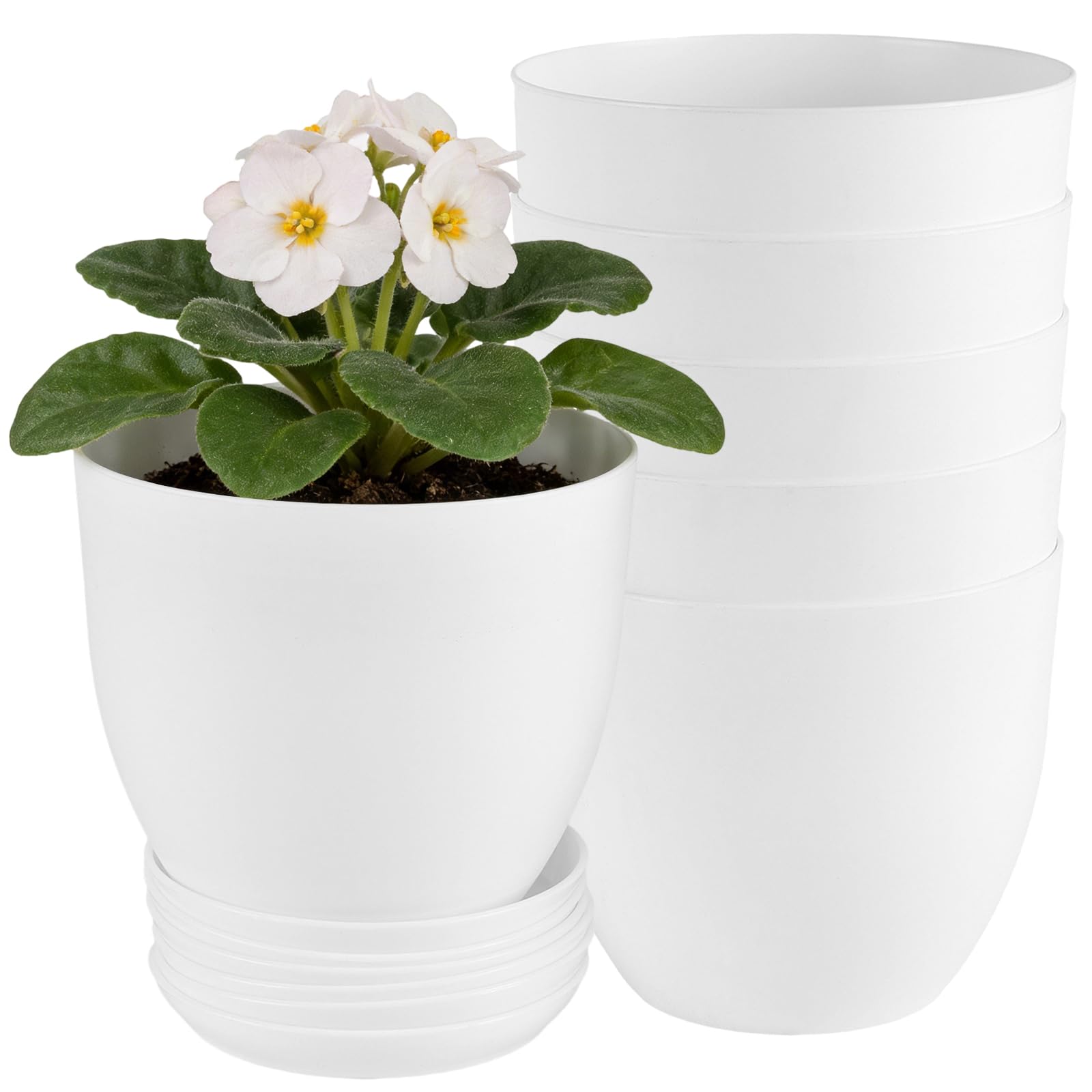 Lot de 6 pots de fleurs en plastique blanc avec drainage et soucoupes pour l'intérieur